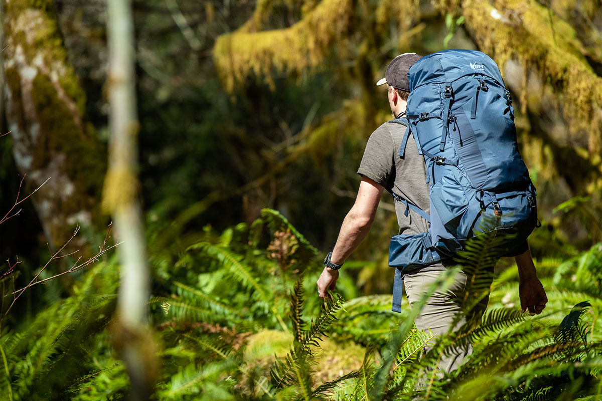 REI Co-op Traverse 60 backpack (hiking through dense rainforest)